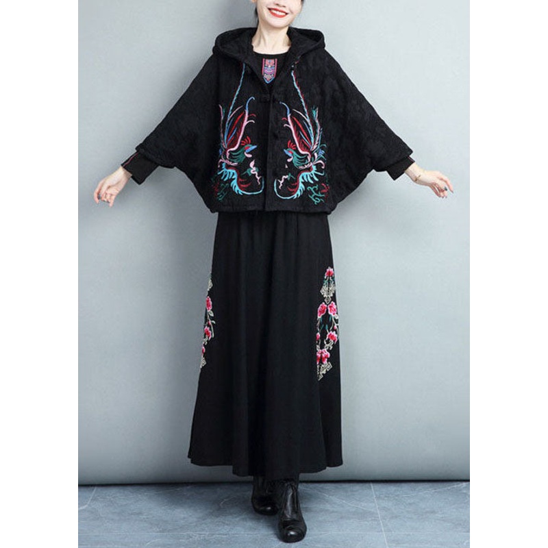Casual Black Embroideried Warm Fleece Coats And Pants Skirts Two Pieces Set Batwing Sleeve