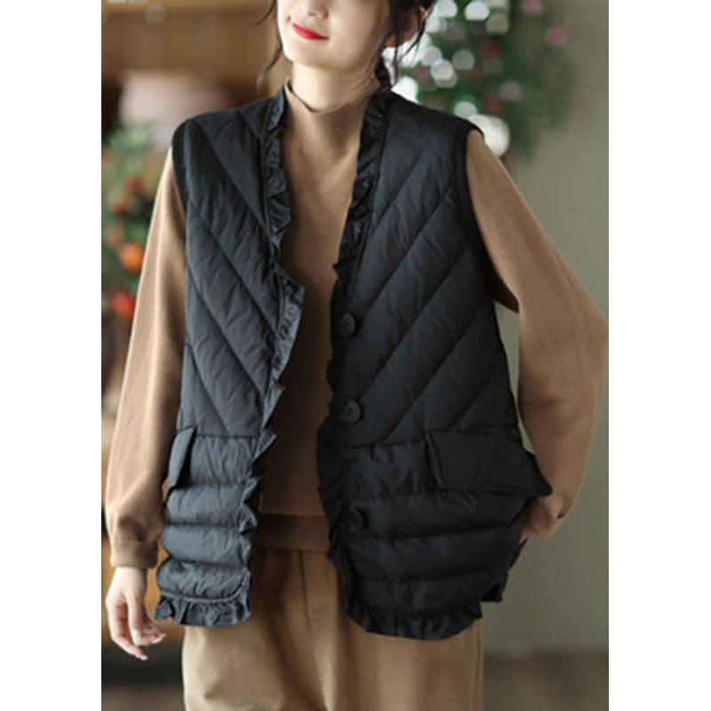 Casual Black Ruffled Solid Thick Duck Down Vest Tops Winter
