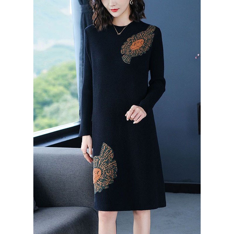 Casual Black Stand Collar Jacquard Knit Sweater Dress Winter