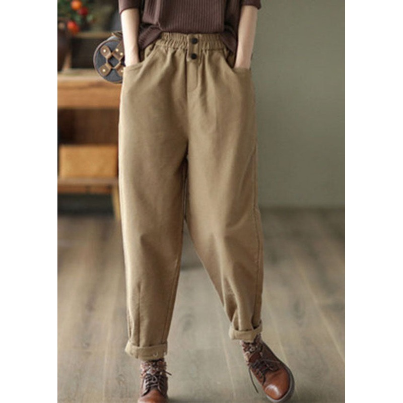 Casual Khaki Elastic Waist Oversized Cotton Harem Pants Fall