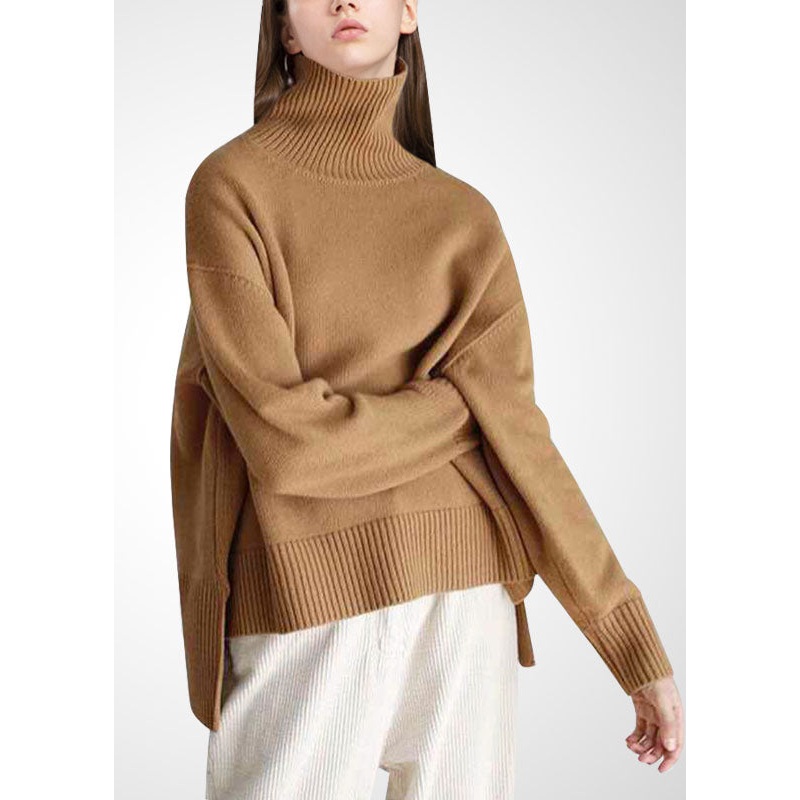 Casual Khaki Turtle Neck Low High Design Cozy Wool Knit Pullover Winter