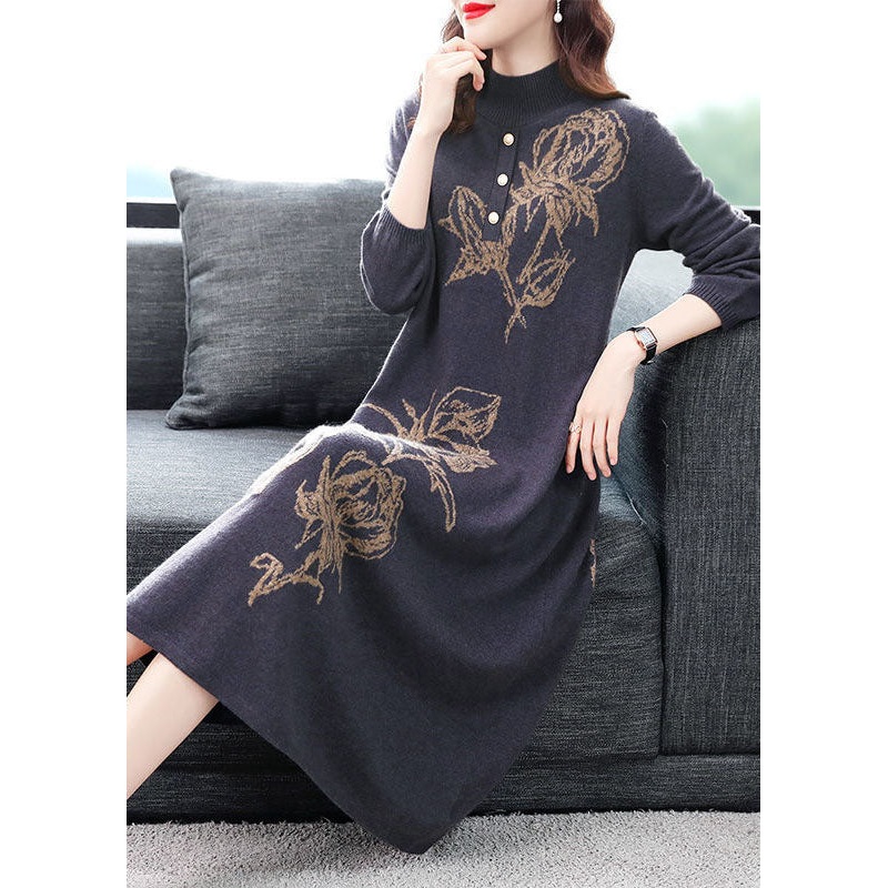 Casual Purple Stand Collar Print Knit Sweater Dress Winter