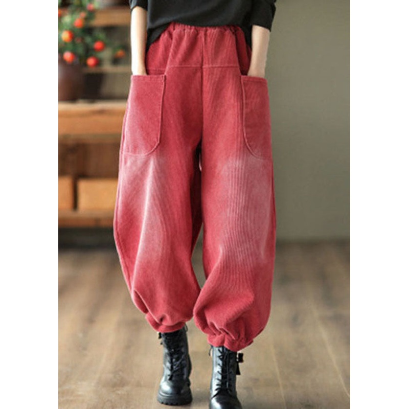 Casual Red Elastic Waist Pockets Warm Fleece Corduroy Harem Pants Winter
