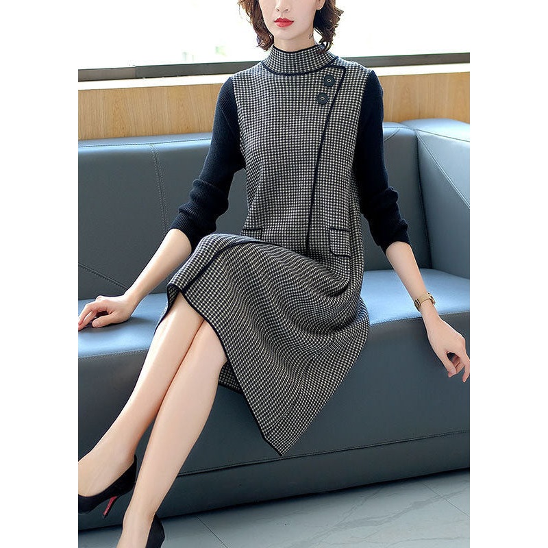 Chic Black High Neck Patchwork Plaid Knitted Dress Winter