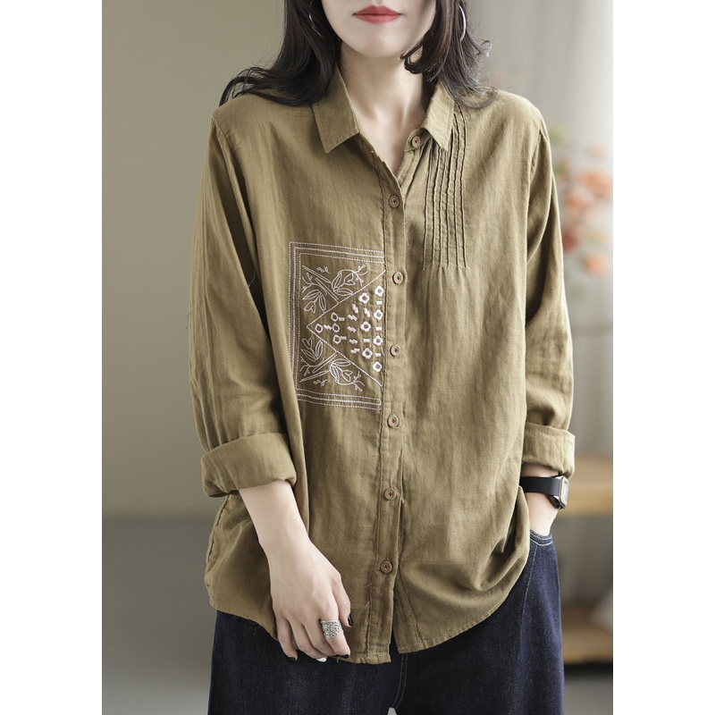 Chic Khaki Lapel Embroideried Wrinkled Linen Shirt Tops Spring