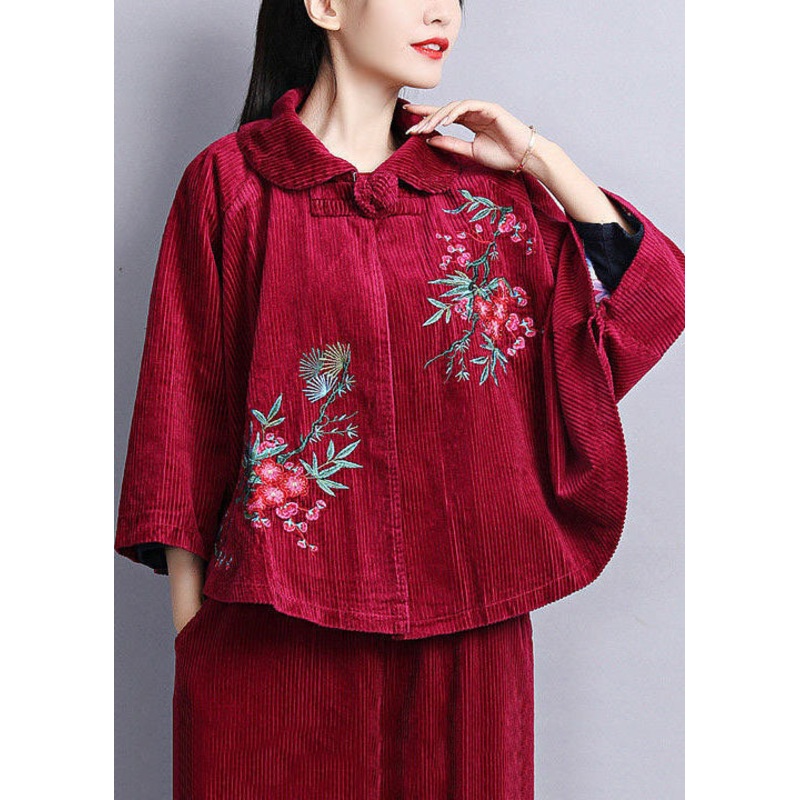 Chic Mulberry Peter Pan Collar Embroideried Corduroy Coats Cloak Sleeves