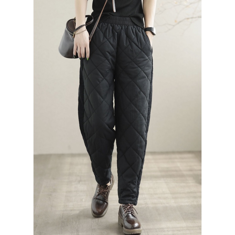 Classy Black Elastic Waist Patchwork Fine Cotton Filled Pants Winter