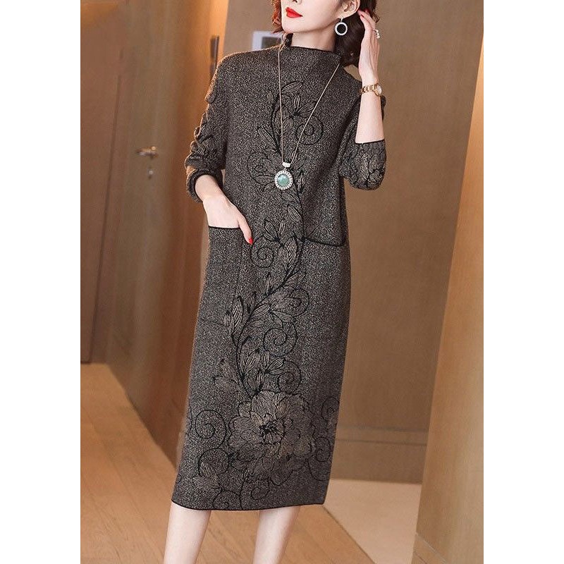 Classy Coffee High Neck Print Pockets Knitted Sweater Dress Winter