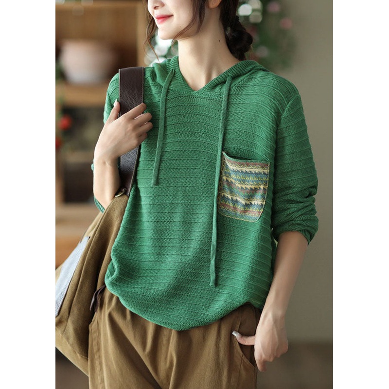 Classy Green Hooded Drawstring Pocket Knit Shirts Winter