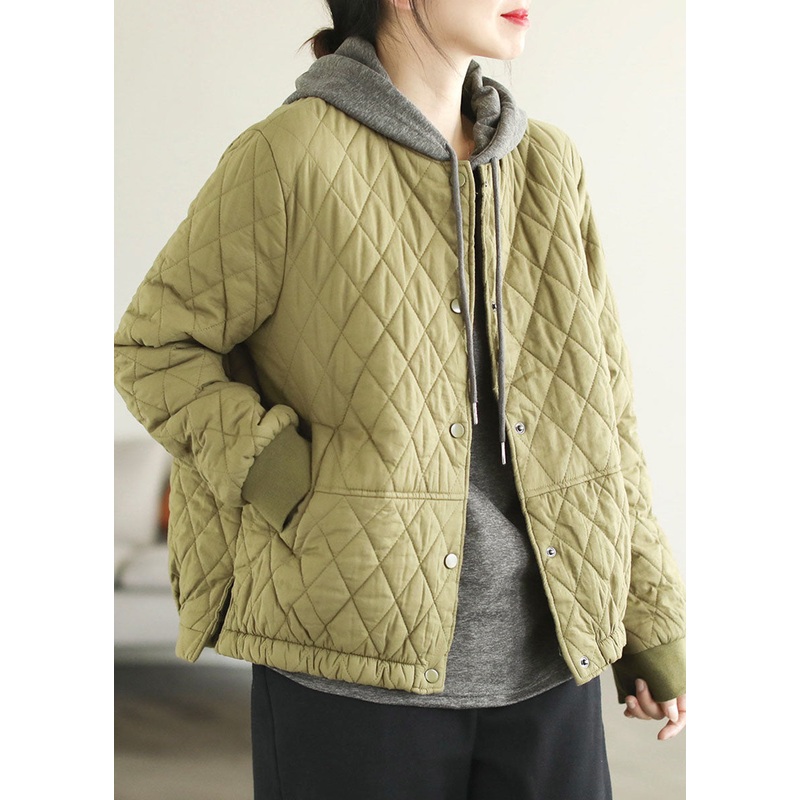 Classy Green Stand Collar Pockets Side Open Fine Cotton Filled Parka Jacket Winter