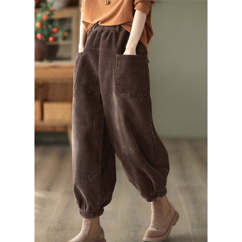Coffee Patchwork Warm Fleece Harem Pants Elastic Waist Pockets Winter