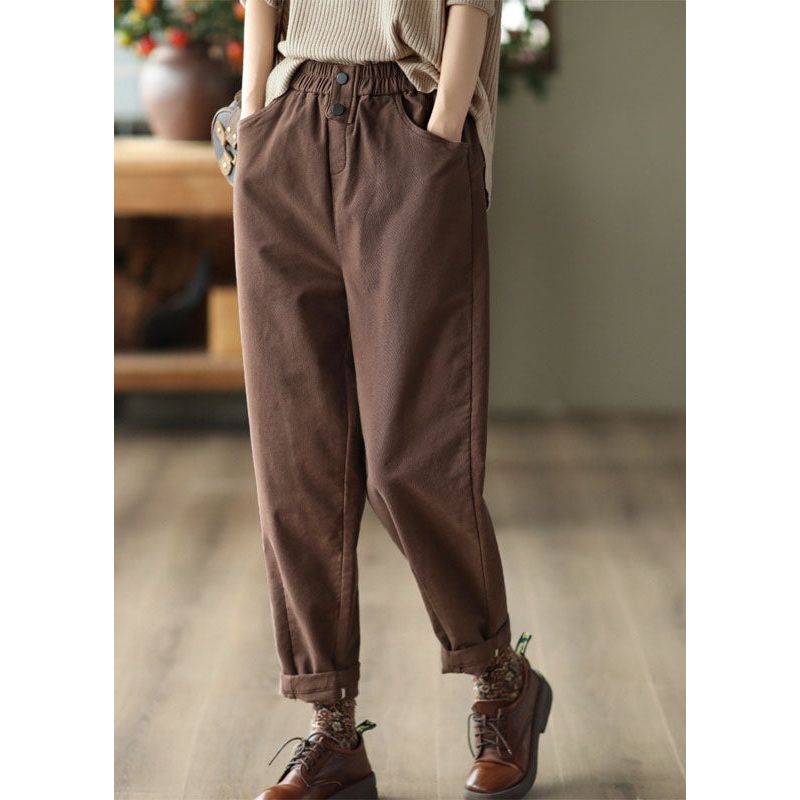 Coffee Slim Cotton Harem Pants Elastic Waist Solid Fall
