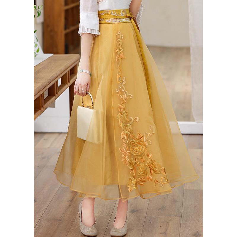 Cute Yellow Embroideried High Waist Tie Waist Tulle Skirts Fall