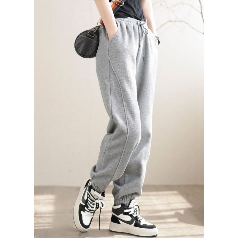 Diy Grey Elastic Waist Solid Patchwork Warm Fleece Pants Winter