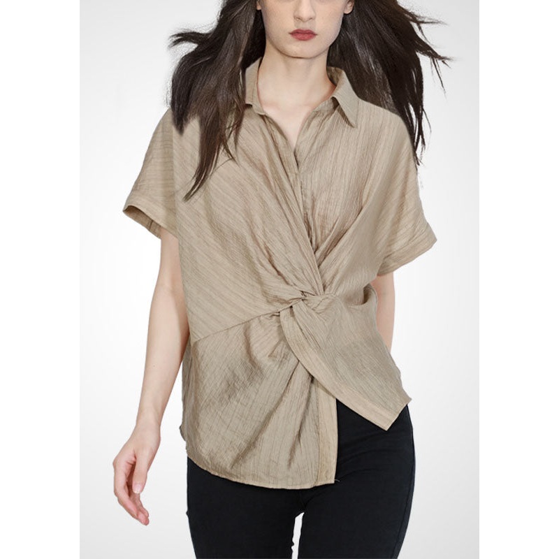 Diy Khaki Peter Pan Collar Asymmetrical Cross Wrinkled Shirt Tops Short Sleeve