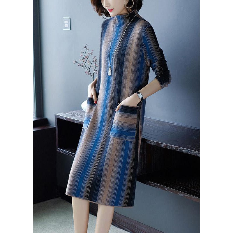 Elegant Blue High Neck Striped Knit Long Sweater Winter