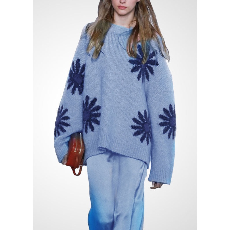 Elegant Blue O-Neck Thick Jacquard Cozy Wool Sweaters Winter