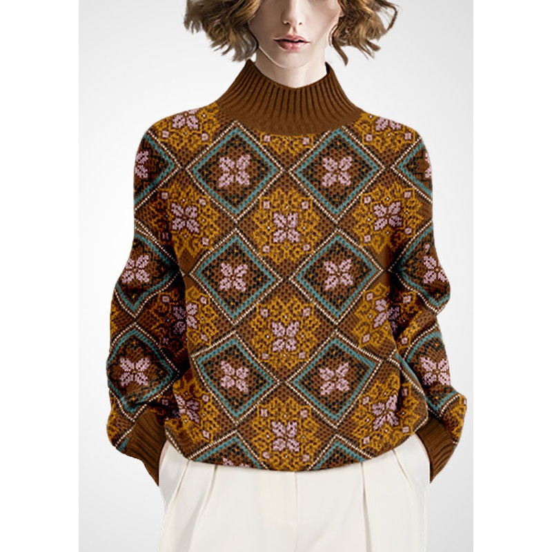 Elegant Khaki High Neck Thick Print Wool Sweaters Winter