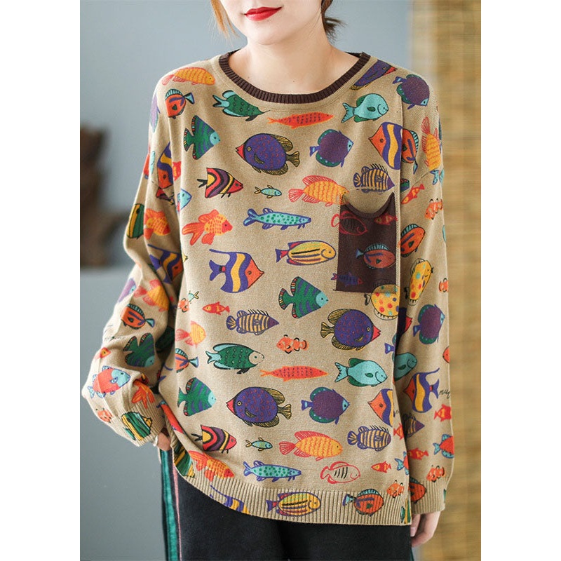 Elegant Khaki O-Neck Oversized Print Knit Sweater Tops Winter