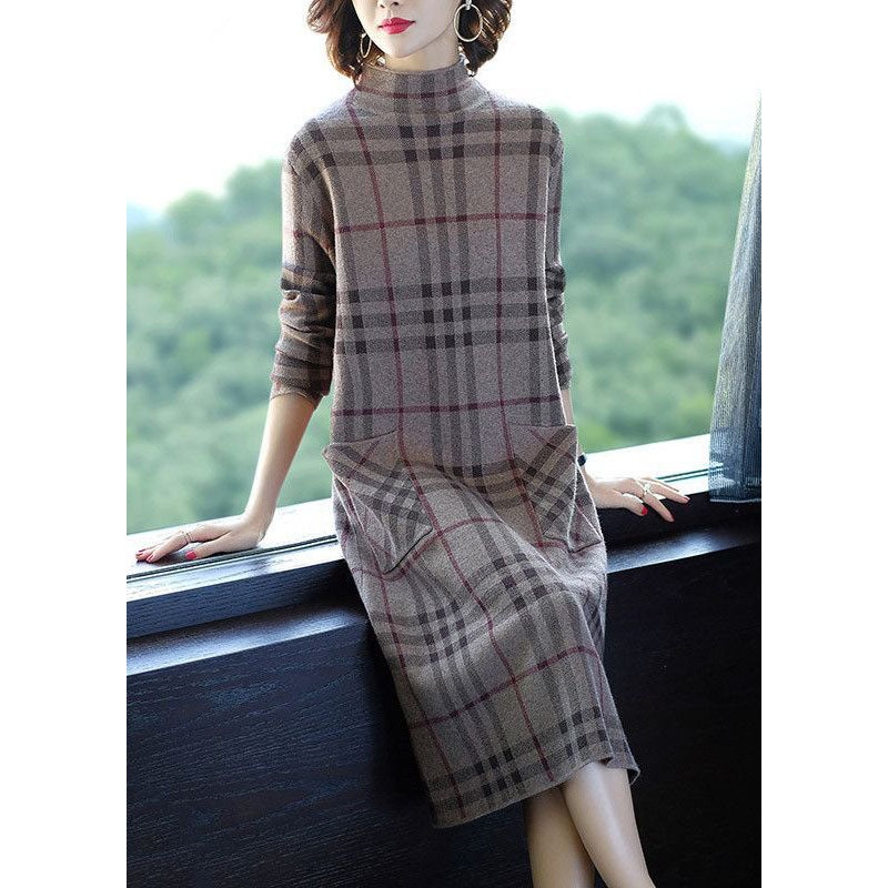 Elegant Light Grey Stand Collar Plaid Pockets Knitted Dress Winter