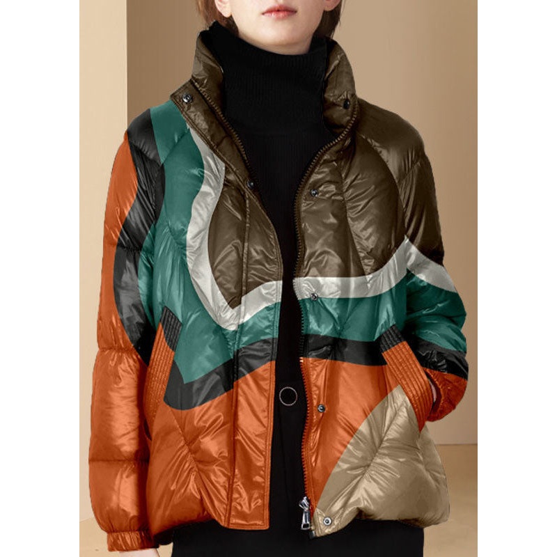 Elegant Red Stand Collar Zip Up Print Fine Cotton Filled Parkaer Winter