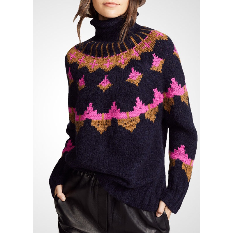 Fashion Black Turtle Neck Print Wool Knit Sweater Tops Winter