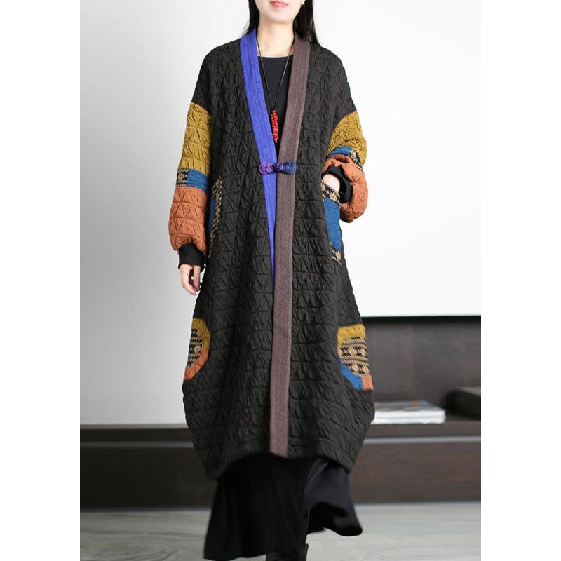 Fashion Black V Neck Patchwork Oriental Button Fine Cotton Filled Long Coats Winter