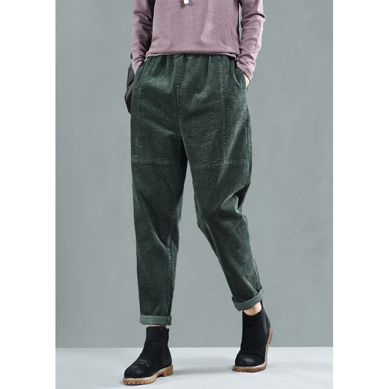 Fashion Green Elastic Waist Patchwork Corduroy Harem Pants Fall