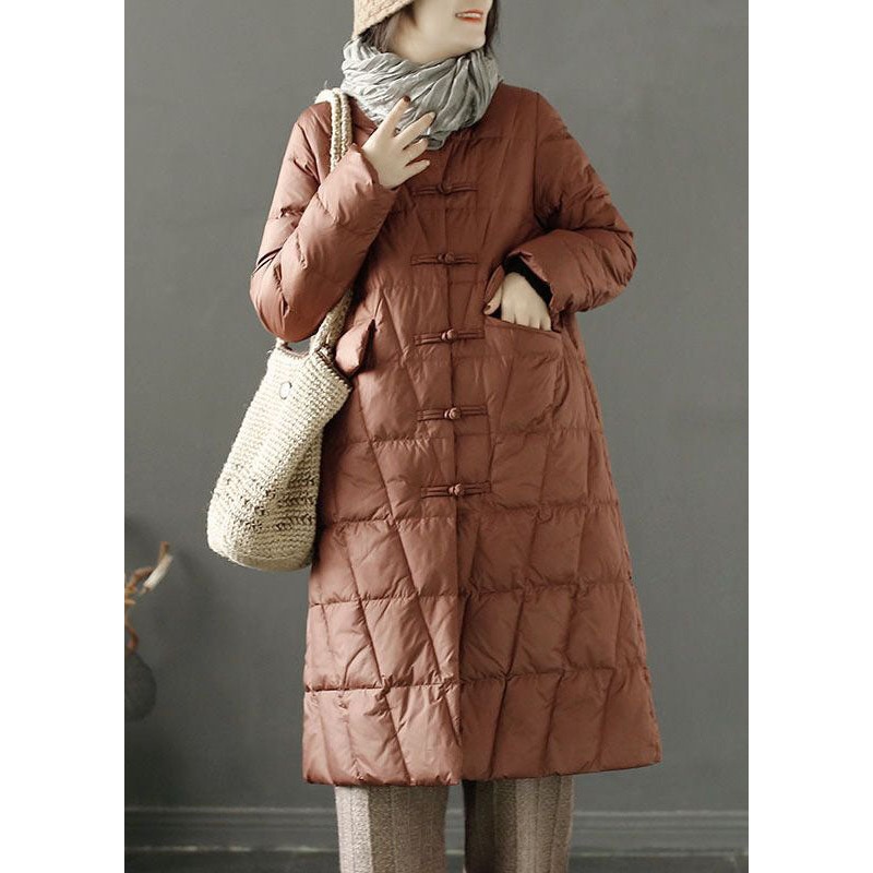 Fine Brown Stand Collar Pockets Duck Down Down Coat Winter