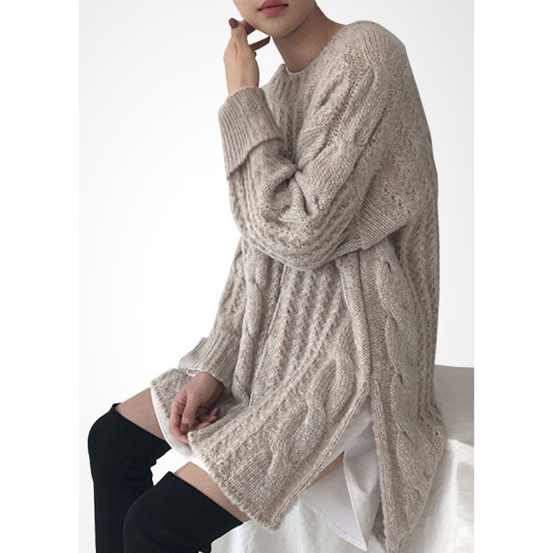 French Beige O-Neck Side Open Wool Cable Knit Long Sweater Winter