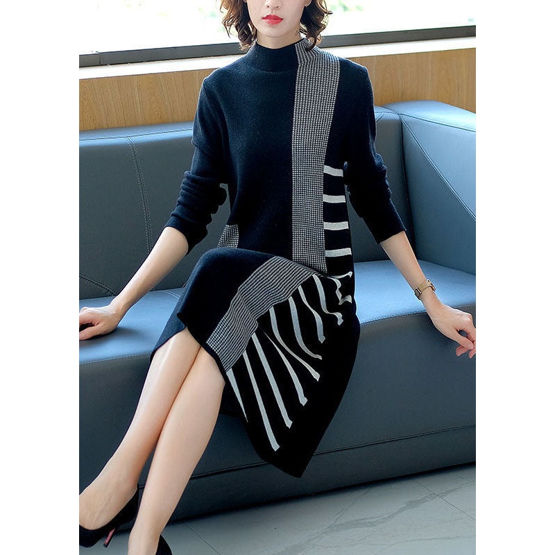 French Black Stand Collar Patchwork Striped Knit Sweater Dress Winter