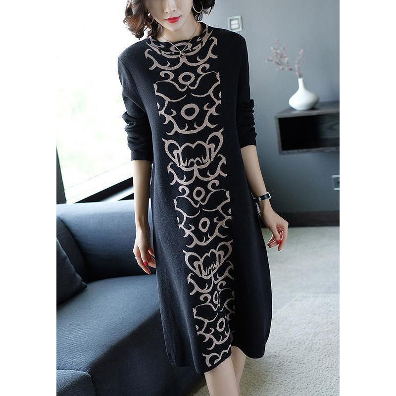French Black Stand Collar Print Knit Sweater Dress Winter