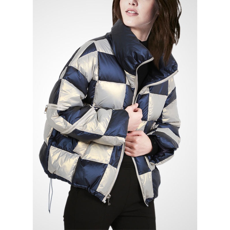 French Colorblock Stand Collar Zip Up Drawstring Plaid Duck Down Puffer Jacket Winter