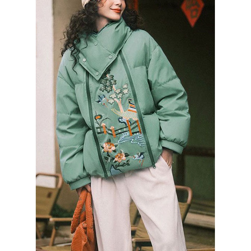 French Green Zippered Embroideried Fine Cotton Filled Parkas And Scarf Two Pieces Set Winter