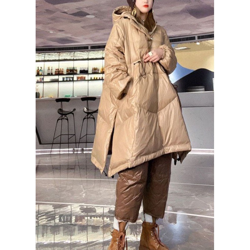 French Khaki Hooded Drawstring Duck Down Pullover Puffers Jackets Winter