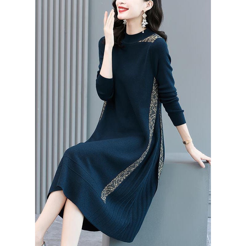 French Navy O-Neck Jacquard Patchwork Wrinkled Knit Dress Winter