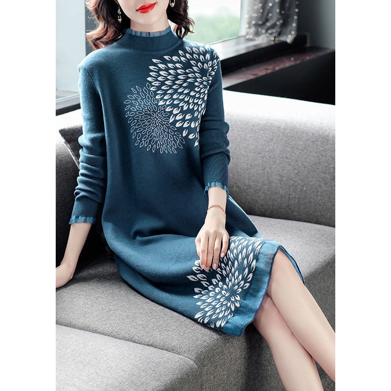 Handmade Blue High Neck Ruffled Patchwork Print Knitted Dress Winter