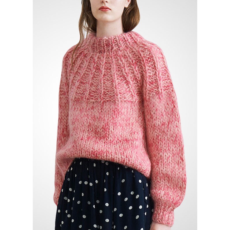 Handmade Pink High Neck Thick Knit Sweater Tops Winter
