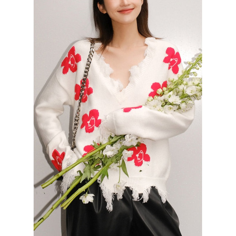 Handmade White V Neck Print Thick Knit Sweater Fall