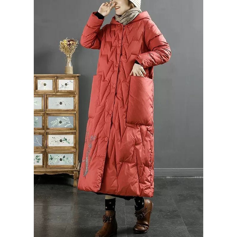 Italian Red Hooded Embroideried Solid Duck Down Down Coats Winter