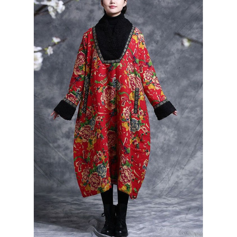Italian Red Oversized Patchwork Teddy Faux Fur Thick Cotton Dress Gown Winter