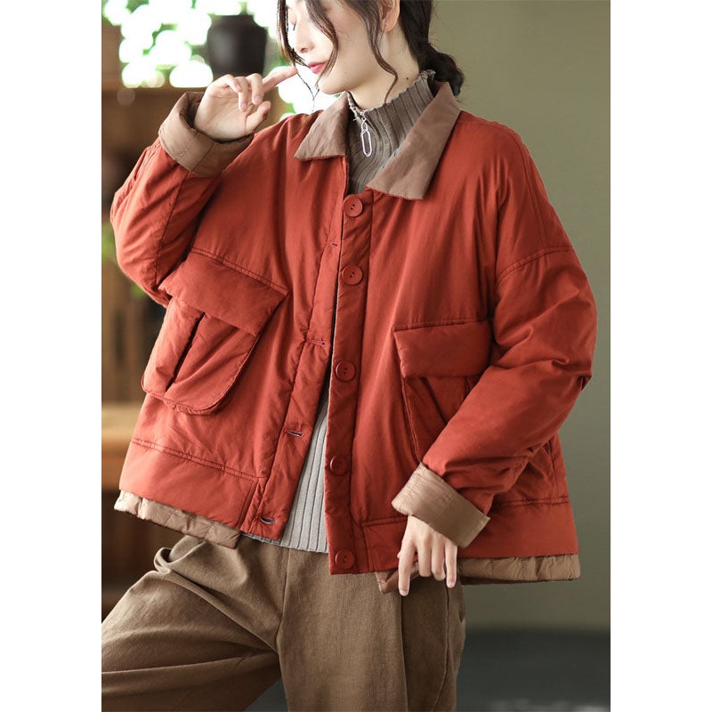 Italian Red Peter Pan Collar Pockets Patchwork Fine Cotton Filled Parka Jacket Winter