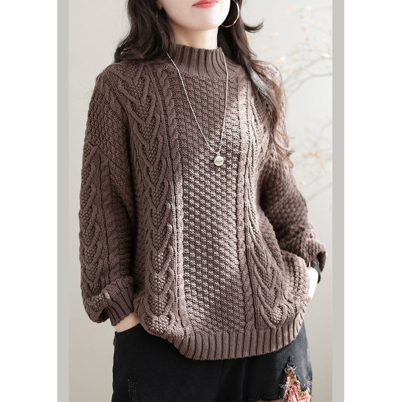 Khaki Cable Knit Sweater Tops High Neck Oversized Winter