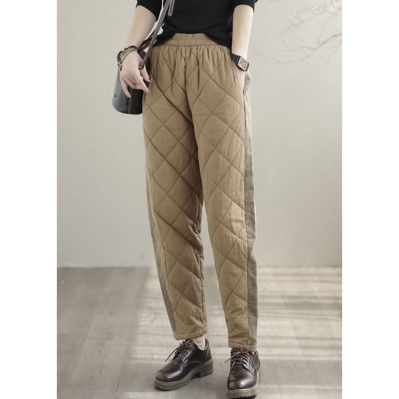 Khaki Patchwork Fine Cotton Filled Harem Pants Thick Pockets Winter