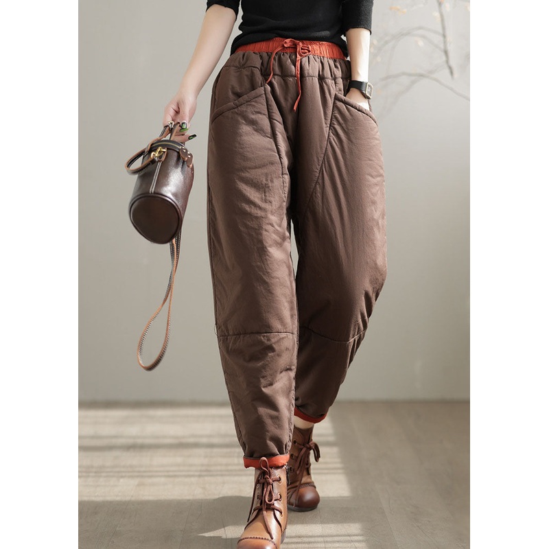 Khaki Patchwork Fine Cotton Filled Pants Elastic Waist Oversized Drawstring Winter