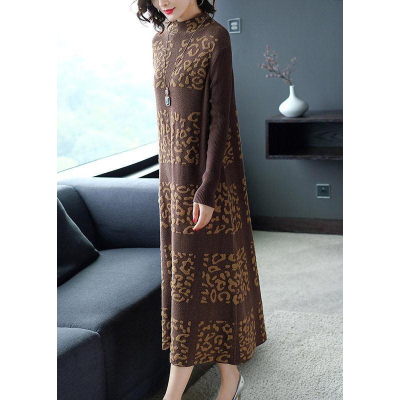 Khaki Print Knit Sweater Dress Stand Collar Winter