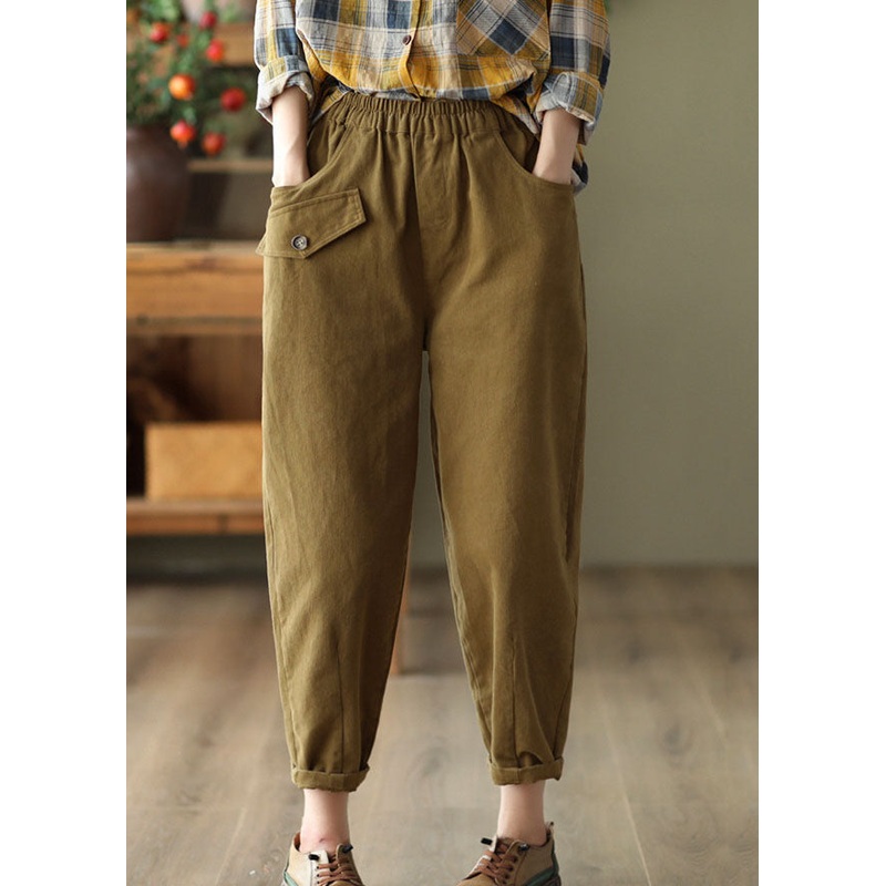 Khaki Slim Fit Cotton Harem Pants High Waist Pockets Fall