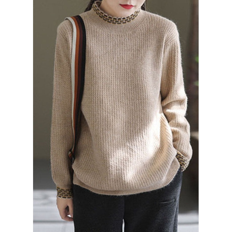 Khaki Warm Knit Pullover Tops High Neck Oversized Winter