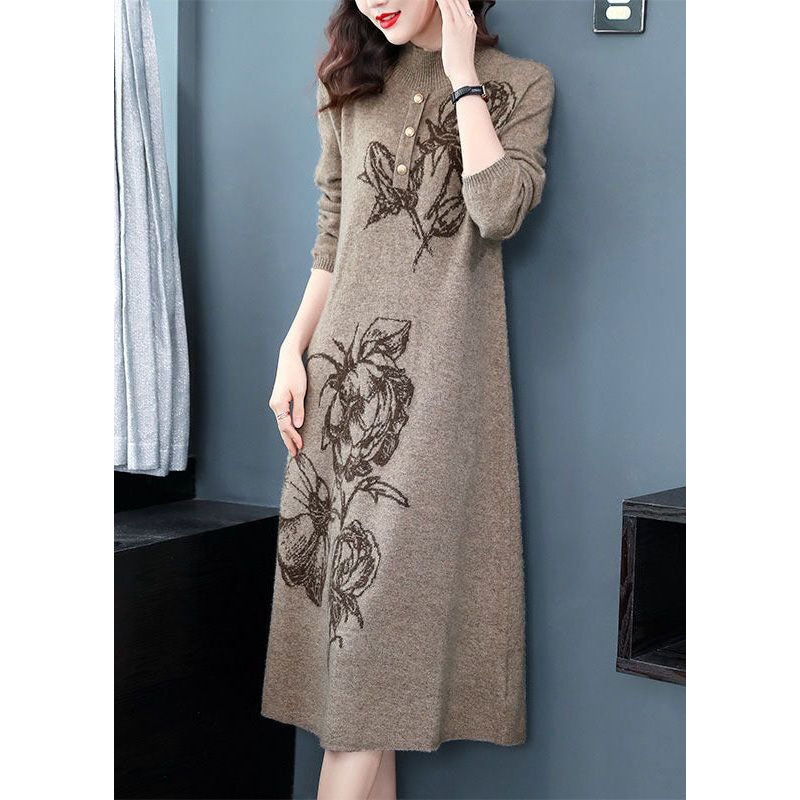 Light Camel Knit Long Dress Stand Collar Jacquard Winter