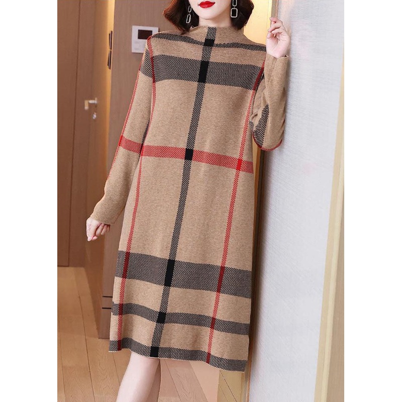 Light Camel Print Knit Sweater Dress High Neck Winter